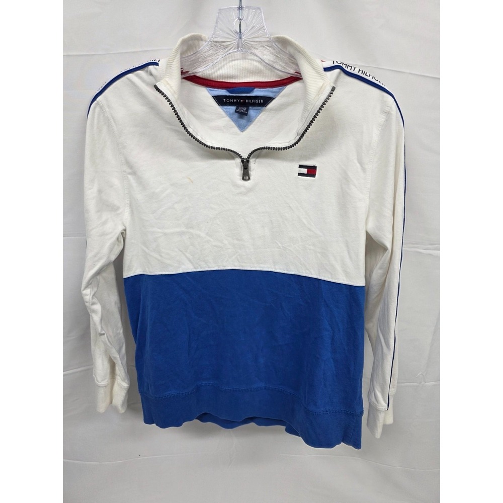 Tommy Hilfiger Kid Quarter Zip Pullover Sweatshirt Colorblock White Blue M 12/14
